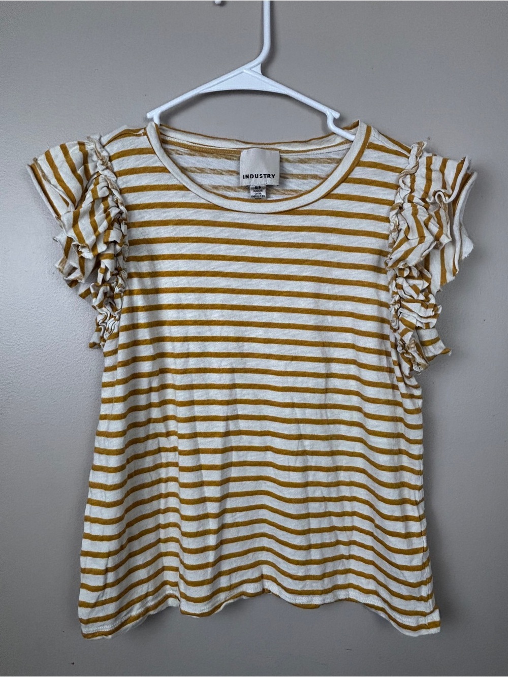 Industry Women's Mustard & White Striped Ruffle Sleeve Top